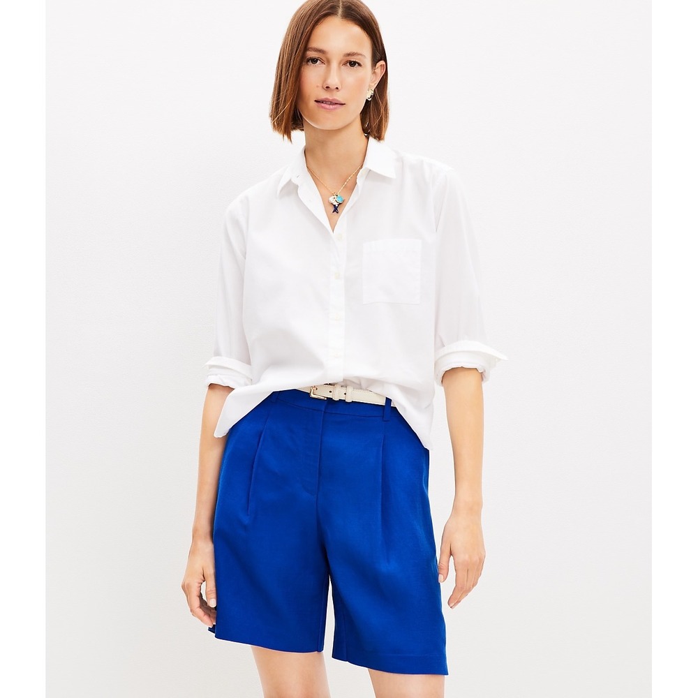 Loft The Peyton Short Womens Size 10 Blue Linen Blend Pleated High Rise Casual
